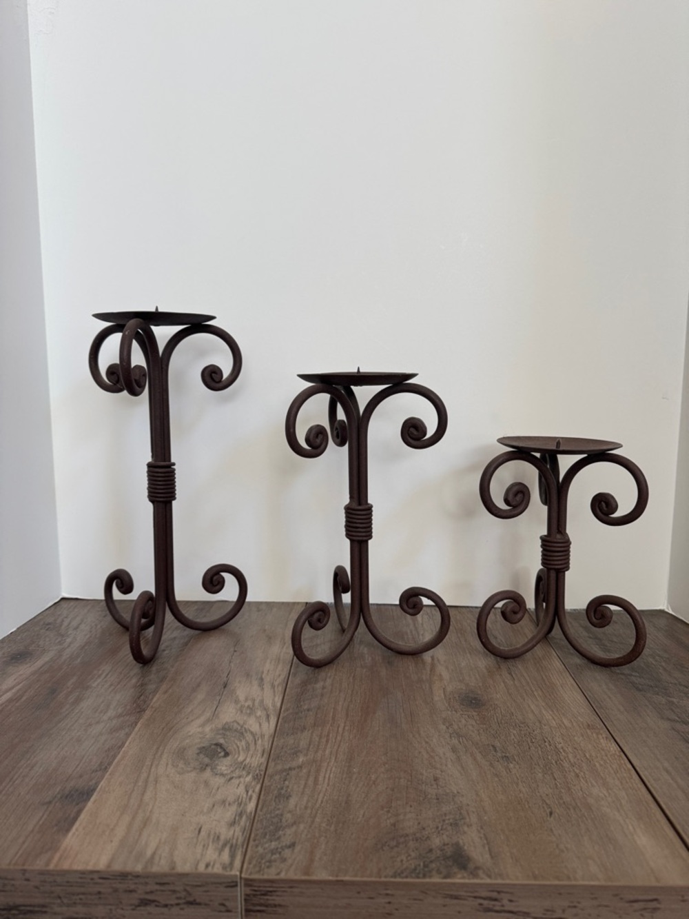 Dark Brown Scroll Iron Pillar Candle Holders - Set of 3